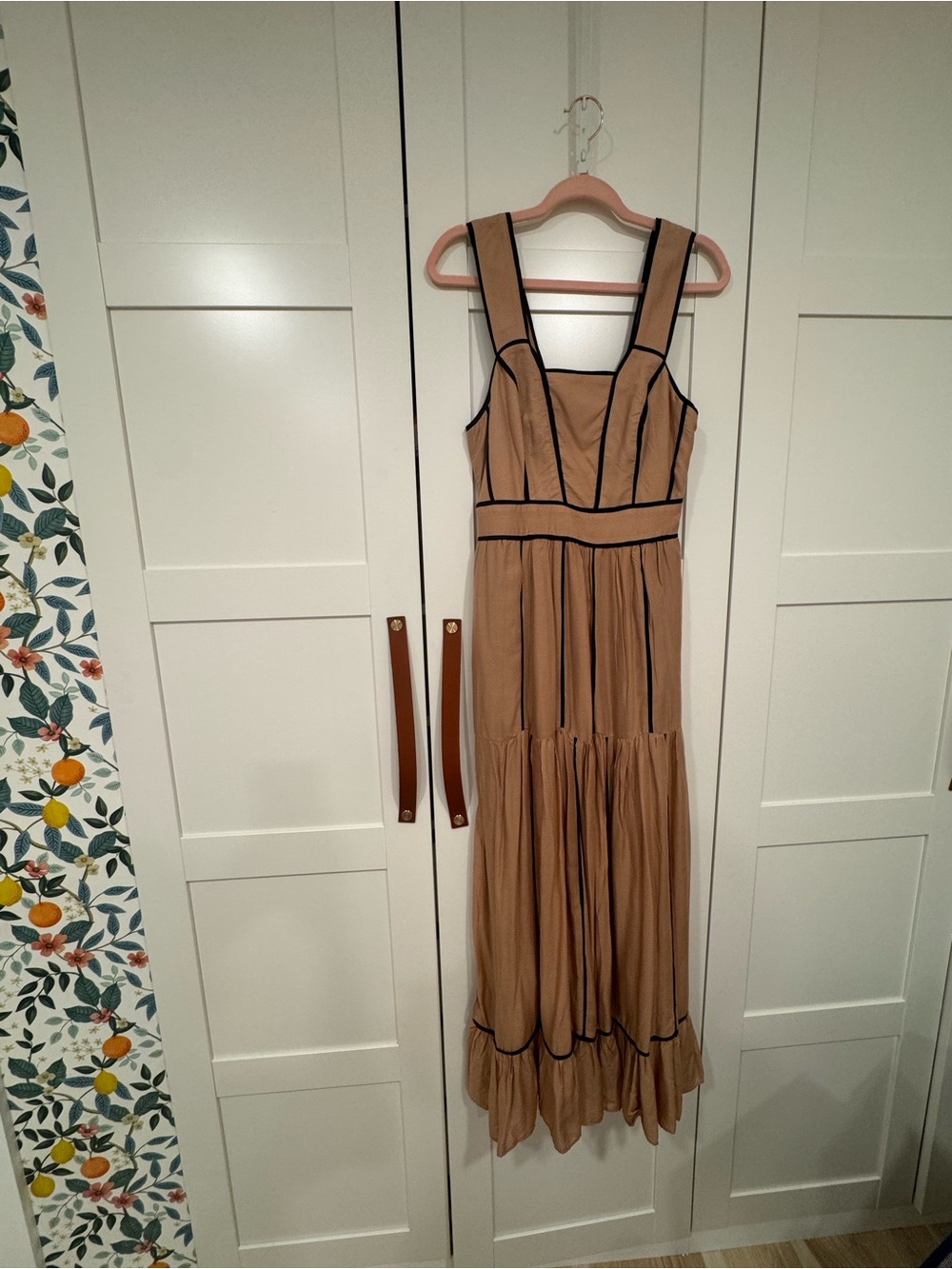 Anthropologie Tan Maxi Dress with Black Piping